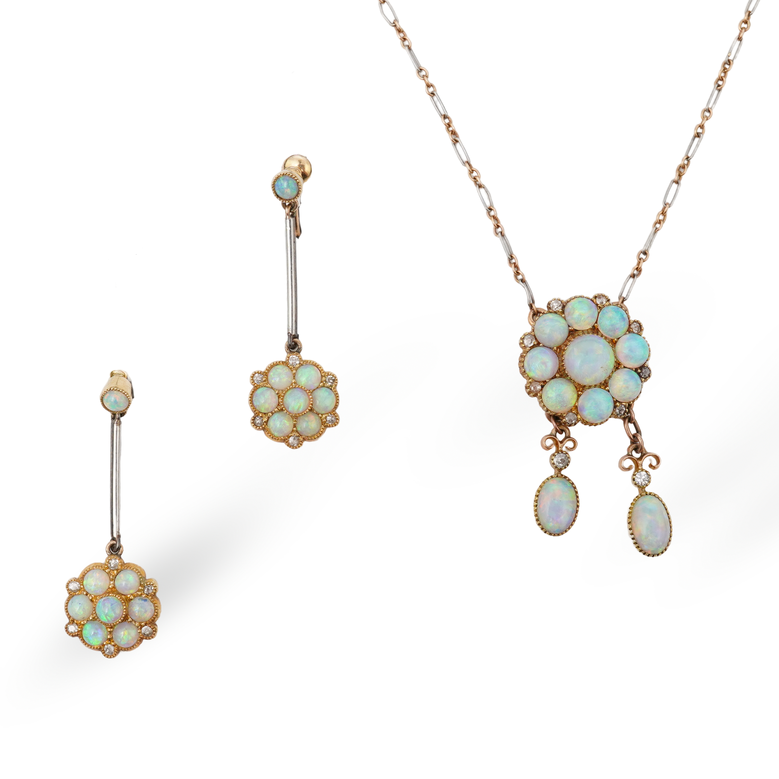 An attractive Edwardian opal and diamond demi-parure, early 20th century